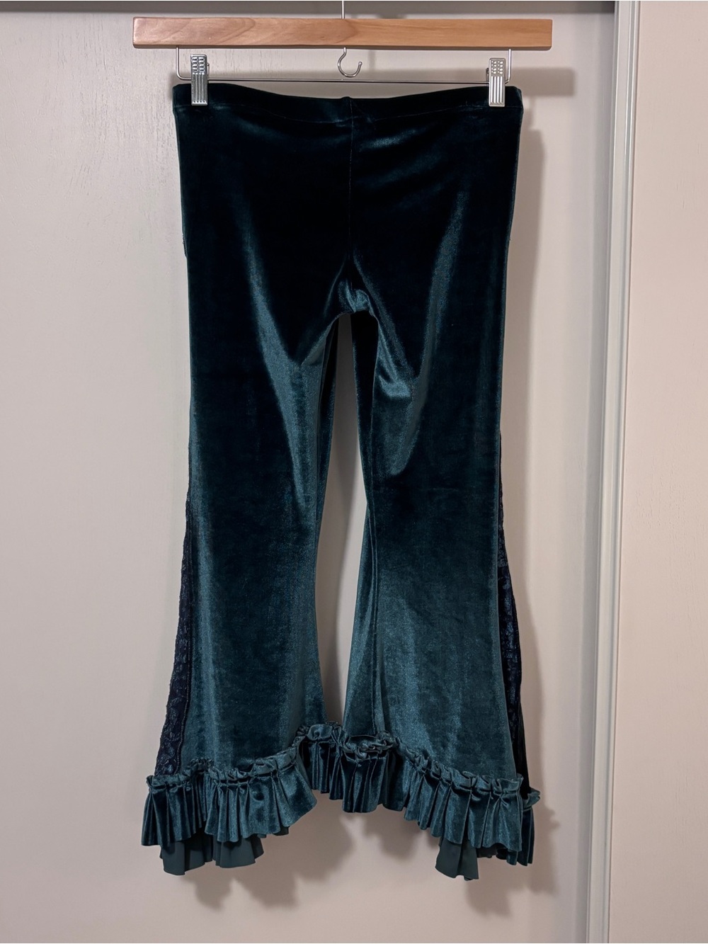 Whimsigoth Pants Velvet Lace Flare Pull On Size S Blue Green Regency Bloomer - Picture 3 of 10